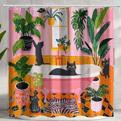 Vista 13 de Divertida cortina de ducha con diseño de gatos negros, estilo bohemio, bonita, divertida, para baño, gatito, verde, hojas tropicales, beige, marrón