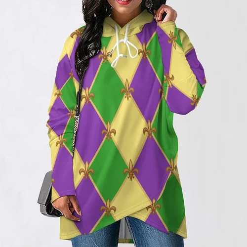 Vista 2 de Sudadera con capucha para mujer, diseño de Mardi Gras, de gran tamaño, de manga larga, informal, de moda