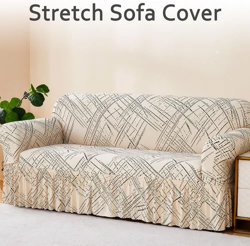 Vista 2 de Funda estampada para sofá biplaza de fácil ajuste, antideslizante, lavable, elástica, protector de muebles moderno, a la moda, línea beige