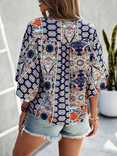 Vista 2 de SOLY HUX Women's Boho Print V Neck 34 Bell Sleeve Button Front Summer Blouse Top
