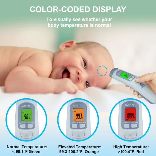 Vista 3 de Amplim Paquete de 2 termómetros infrarrojos digitales para la frente de grado médico y hospitalario sin contacto para bebés, niños y adultos.