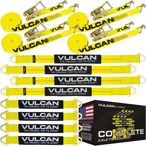 Vista 12 de VULCAN Kit completo de amarre de correa de eje con correas de trinquete de gancho a presión, amarillo clásico, incluye (4) correas de eje de 22