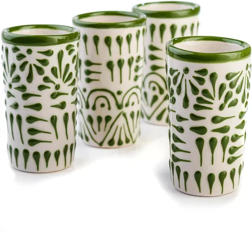 Vista 18 de Juego de 4 vasos de chupito Talavera auténticos mexicanos para tequila - Pintados a mano - 2 Oz (Corazón Azul)