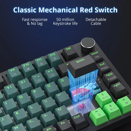 Vista 5 de Fogruaden Teclado mecánico con cable al 75% intercambiable en caliente, interruptor rojo, retroiluminación RGB, teclado mecánico TKL de 82 teclas