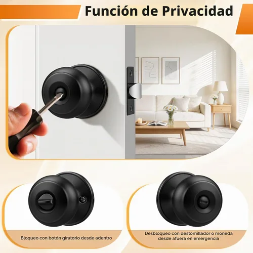 Vista 4 de Probrico Pomos de puerta negros, privacidad para dormitorio y baño, de interior, con bola redonda, paquete de 6