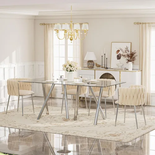 Vista 36 de Glam Style - Juego de mesa de comedor de 5 piezas para 4, mesa de comedor rectangular de vidrio templado de 51 pulgadas con base de metal dorado