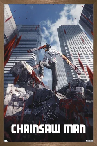 Vista 17 de Chainsaw Man - Póster de pared de arte clave, 22.4 pulgadas de largo x 14.7 pulgadas de ancho, versión enmarcada de madera de granero
