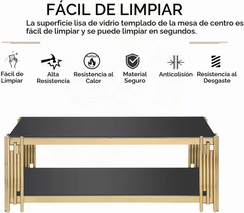 Vista 5 de Mesa auxiliar rectangular de vidrio de 48 pulgadas, mesa de centro de 2 niveles con parte superior de vidrio templado negro, patas de acero