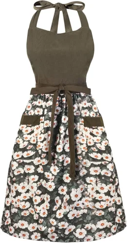 Vista 8 de Bonitos delantales florales para mujer con bolsillos, delantal de algodón ajustable con correa para el cuello para cocina, cocina, hornear
