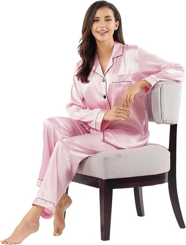 Vista 3 de Conjunto de pijama de seda para mujer, conjunto de pijama de manga larga de dos piezas, conjunto de pijama con botones, ropa de dormir