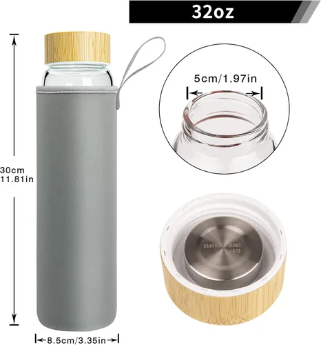 Vista 5 de Botella de agua de vidrio de 32 onzas con popote, botella de vidrio de borosilicato de boca ancha con tapa de bambú y funda de neopreno