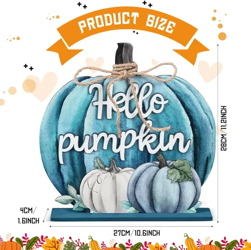Vista 2 de Soaoo Decoración de Acción de Gracias, letrero de madera de otoño con texto en inglés "Hello Pumpkin", decoración de mesa de calabaza de otoño de 11