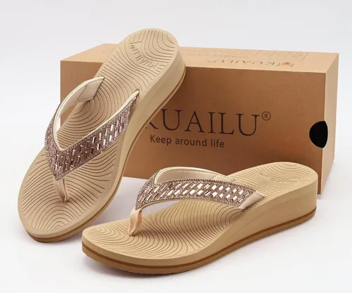 Vista 6 de KuaiLu Sandalias con plataforma de diamantes de imitación y soporte de arco para mujer