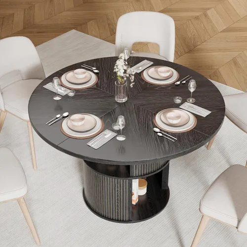 Vista 7 de Mesa de comedor redonda de 47 pulgadas para 4, mesa de comedor de cocina de granja con estante de almacenamiento de 2 capas y panel estriado