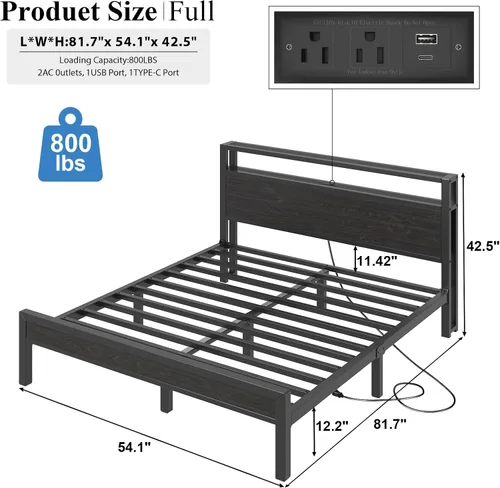 Vista 57 de LOEWAY Base de cama tamaño Queen con cabecero de almacenamiento y luces LED, color gris