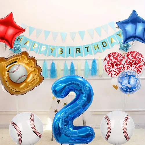Vista 4 de Globos de béisbol de papel de aluminio para decoración de cumpleaños, globos con el número 2, globos de confeti de estrella roja y azul