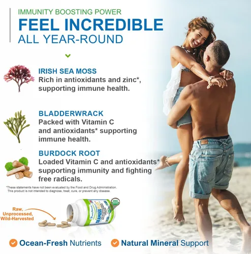 Vista 3 de Power By Naturals SeaMoss Plus - Cápsulas de musgo marino irlandés orgánico USDA con musgo marino irlandés cosechado en la naturaleza, fucus y raíz