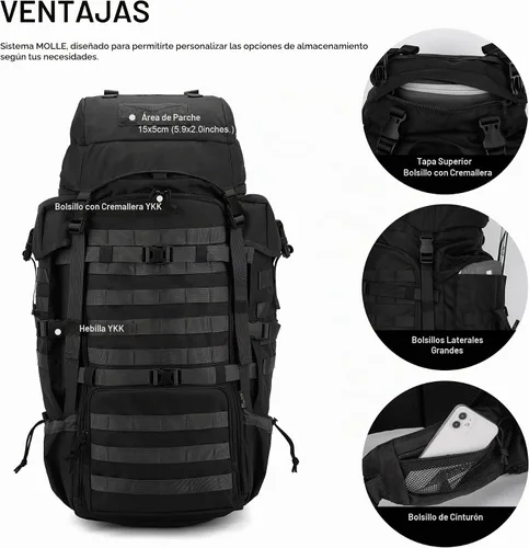 Vista 3 de Mardingtop 70L Mochila con armazón interno para caza, camping, senderismo; mochila con cubierta para la lluvia Negro