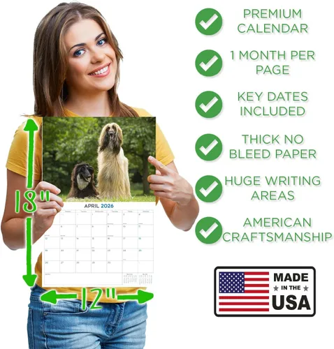 Vista 4 de Calendario de Lebrel Afgano 2025 2026, calendario mensual de pared de raza canina, 12" x 18" abierto, papel grueso sin traspaso, ideal para regalo