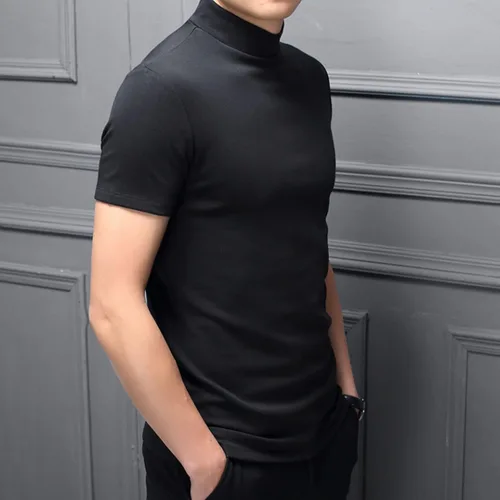 Vista 2 de Percle Camiseta básica de manga corta para hombre, cuello alto, casual, ajustada, color sólido