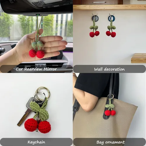 Vista 4 de 2 Pieces Handmade Cherry Decor Car Mirror Hanging Accessories Cherry Keychain Adorable Cherries Lover