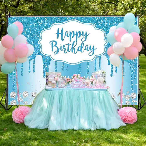 Vista 4 de Telón de fondo de cumpleaños azul con lentejuelas y diamantes con purpurina para mujeres y niñas, decoración de fiesta de cumpleaños, 16, 18, 21