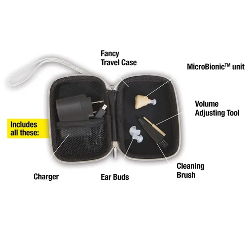Vista 3 de Amplificador de sonido biónico recargable con estuche de viaje, kit de limpieza, cargador, 45 db máx