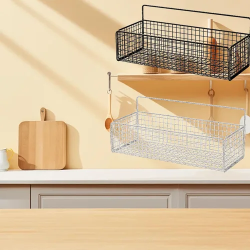 Vista 6 de Cestas colgantes de alambre de cocina, organizador de frutas negro para montaje en pared, sin perforaciones, soporte de metal pequeño para gabinete