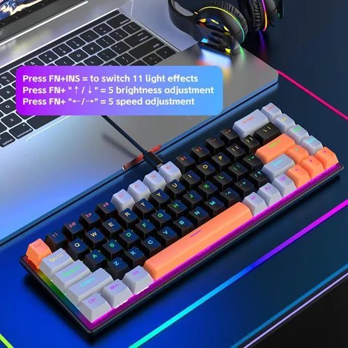 Vista 4 de Jectse RGB Gaming Keyboard, 60 Percent Keyboard Wired Mechanical with Blue Switch, Ergonomic Computer for Laptop PC Gaming (Orange Gray Black)