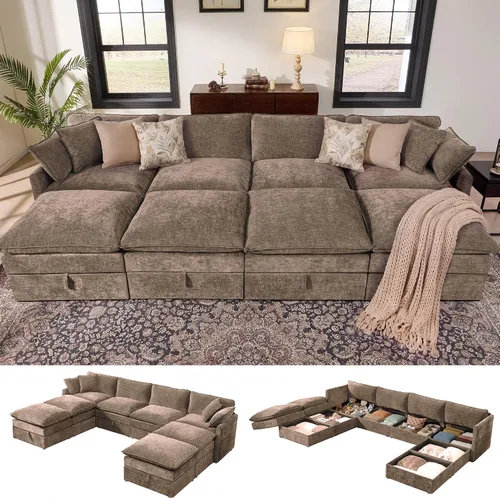Vista 35 de Ihanherry Sofá modular de 103 pulgadas con almacenamiento, sofá de nube en forma de U con otomanas móviles y 4 almohadas, sofás seccionales