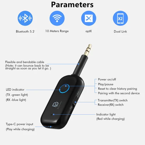 Vista 2 de Receptor transmisor de audio Bluetooth 5.2 para TV, 2 conexiones de dispositivos BT Bluetooth Transmitter for Headphones, 3.5mm Jack Aux Airplane