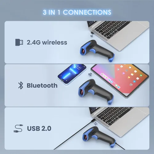 Vista 2 de Eyoyo Escáner inalámbrico 1D 2D Bluetooth, lector de código de barras QR inalámbrico de mano de 2500 mAh para biblioteca, inventario de almacén