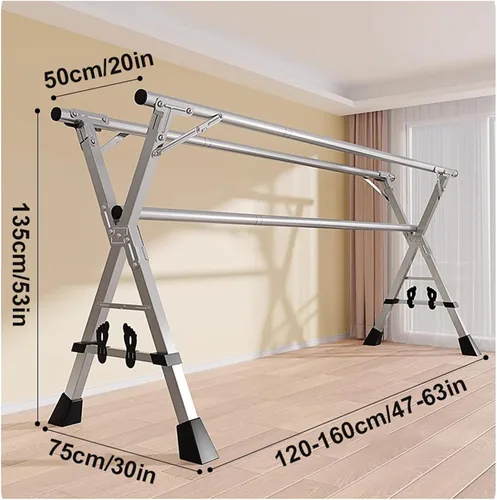 Vista 7 de Estante de secado de ropa de acero inoxidable de 63 pulgadas, perchero plegable para ropa, perchero de ropa ajustable de longitud ajustable