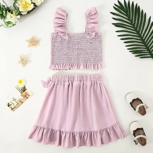 Vista 6 de CARETOO Conjunto de falda para niña, 2 piezas, vestido de verano sin mangas, parte superior con volantes, estampado floral, ropa para niños grandes