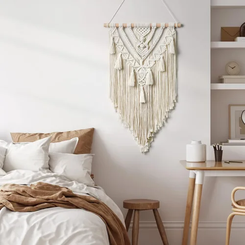 Vista 2 de Dremisland - Tapiz tejido de macramé para colgar en la pared, geométrico estilo boho, beige y gris, de algodón hecho a mano, decoración artística