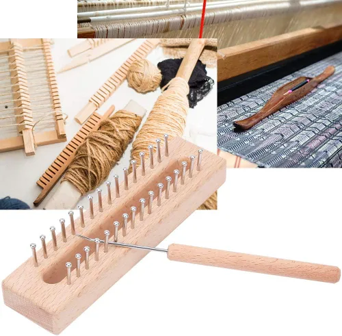 Vista 6 de Máquina de tejer rectangular de madera, telar de tejido a mano de madera natural con agujas de gancho curvadas de metal para bufandas, chales