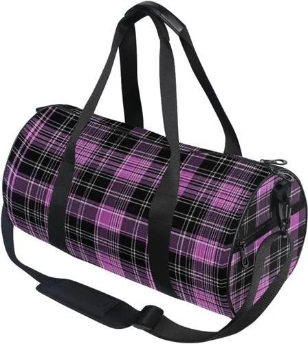 Vista 4 de Pink Black Plaid Gym Bag for Women and Men, Small Duffel Bag for Travel Sports Vacation Weekender Overnight Beach, Lightweight Carry on Bag for Boys