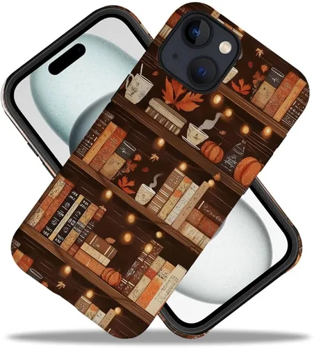 Vista 2 de Compatible con iPhone 13, Funda para teléfono duradera y a prueba de golpes con diseño de estantería de otoño - Calabaza de otoño Otoño Otoño