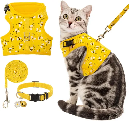 Vista 11 de BINGPET Arnés para gatos con correa y collar para caminar, a prueba de escapes, con correa de 59 pulgadas, arnés de chaleco suave ajustable