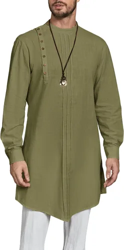 Vista 10 de Kaftan Thobe - Bata de manga larga para hombre, casual, algodón, lino, con botones, camisa musulmana Blanco