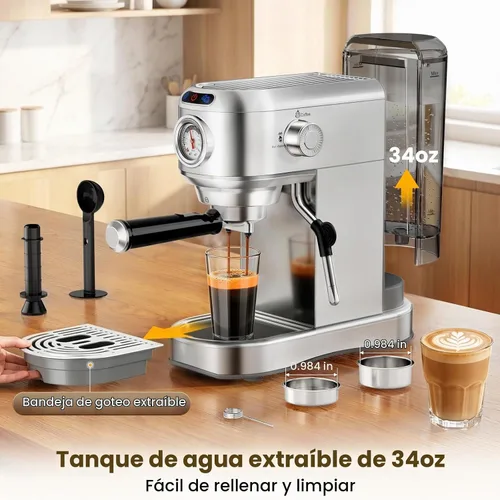 Vista 5 de Máquina de café espresso de 20 bares, cafetera compacta con espumador de leche, cafetera de acero inoxidable con tanque de agua extraíble de 34