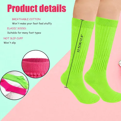 Vista 2 de Calcetines de neón para mujer, calcetines de neón de los años 80, calentadores de piernas para mujer, calcetines largos y fruncidos hasta