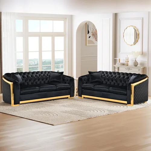Vista 11 de KEIKI - Juego de sofá de lujo Chesterfield de 2 piezas con 2 sofás de terciopelo de 3 plazas extragrandes, juego de sofá acolchado moderno de 6
