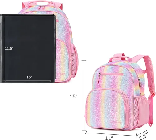 Vista 9 de mibasies Mochila para niñas y niños, ideal para niños y niñas, mochila para preescolar jardín de infantes y primaria, Glitter Rainbow, Niños-15"H