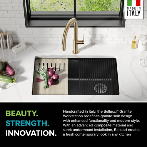 Vista 5 de KRAUS Bellucci Fregadero de cocina de granito con estación de trabajo empotrado de 30 pulgadas en negro metálico con accesorios, KGUW2-30MBL