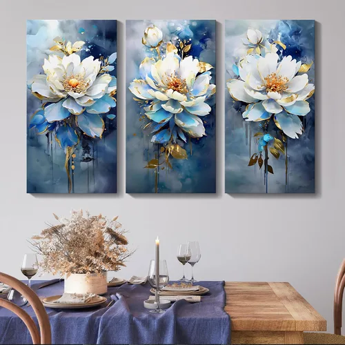 Vista 4 de AJAZIKO Arte de pared abstracto de flores, arte de pared floral, pinturas modernas para decoraciones de pared, decoración de pared familiar azul