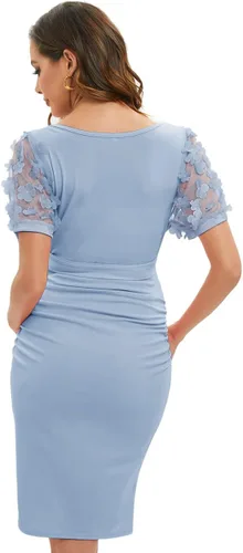 Vista 5 de ZIUMUDY Vestido ajustado de maternidad de manga corta con diseño de obispo de malla floral para sesión de fotos de maternidad, vestido de baby shower