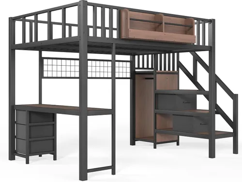 Vista 6 de MERITLINE Cama loft para juegos de tamaño matrimonial con escritorio y Negro