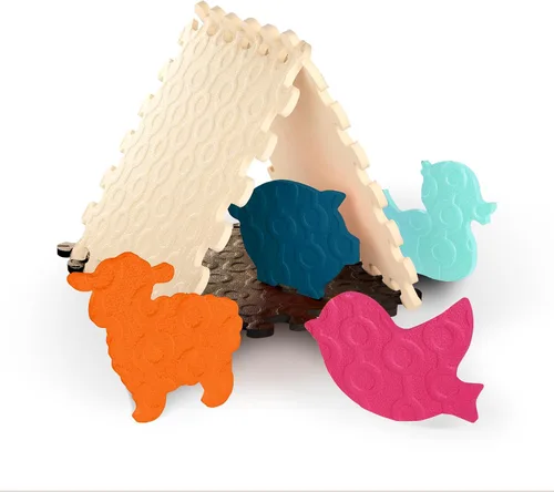 Vista 2 de B. toys Tapete de suelo de animales - 12 azulejos de espuma entrelazados y extraíbles - Azulejos gruesos de rompecabezas para recién nacidos, niños