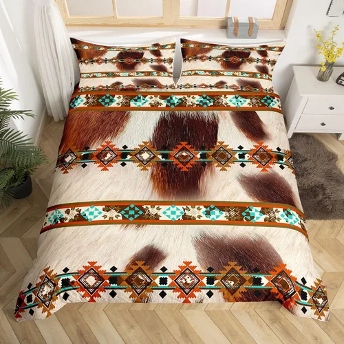 Vista 22 de Erosebridal Funda de edredón de piel de vaca marrón con estampado de vaca de las tierras altas, juego de ropa de cama occidental exótico azteca
